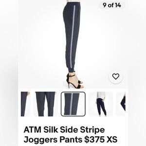 ATM 100% silk gray joggers with blue stripes. Flat front elastic back and hem.